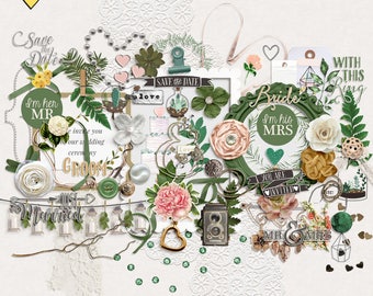 Digital scrapbooking botanical wedding, Digital wedding elements, Botanical wedding scrapbook embellishments, Wedding scrapbook kit