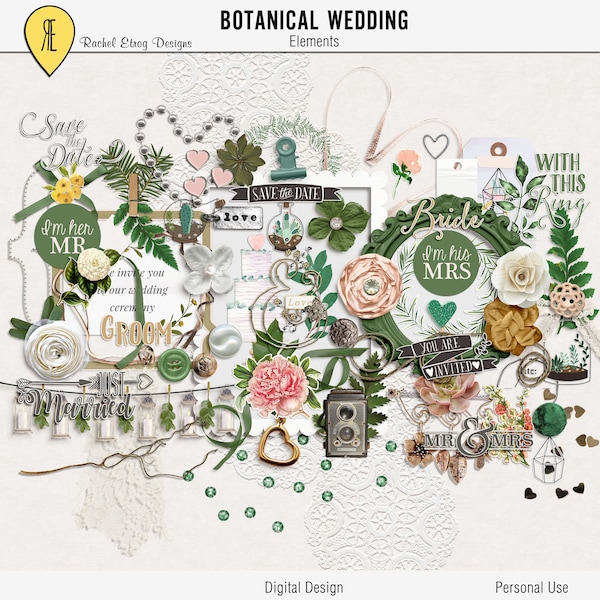 Digital scrapbooking botanical wedding, Digital wedding elements, Botanical wedding scrapbook embellishments, Wedding scrapbook kit