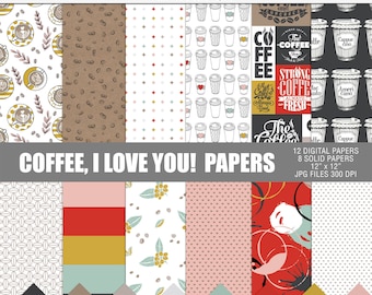 Coffee i love you! digital paper pack, Digital coffee scrapbooking papers, Vintage coffee patterns papers, Abstract coffee patterns papers