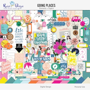 May include: A digital scrapbook kit with colorful illustrations and text related to travel and adventure. The kit includes images of airplanes, cars, luggage, maps, and flowers. The text includes phrases like "Going Places", "Never Stop Exploring", and "Let's Go Travel".