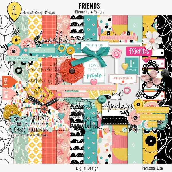 Friends digital scrapbooking kit, Abstract printable digital papers, Friends scrapbooking embellishments, Digital scrapbooking elements