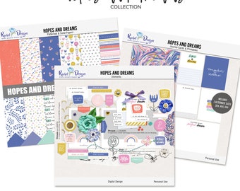 Peut inclure: Un kit de scrapbooking numérique intitulé "Hopes and Dreams" comprenant des papiers à motifs colorés, des cartes de journal et des éléments imprimables. Le kit comprend une variété de designs avec des fleurs, des arcs-en-ciel et des citations inspirantes.