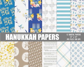 Hanukkah digital paper pack, Printable hanukkah papers, Digital hanukkah scrapbook papers, Hanukkah paper decor, Hanukkah wrapping paper