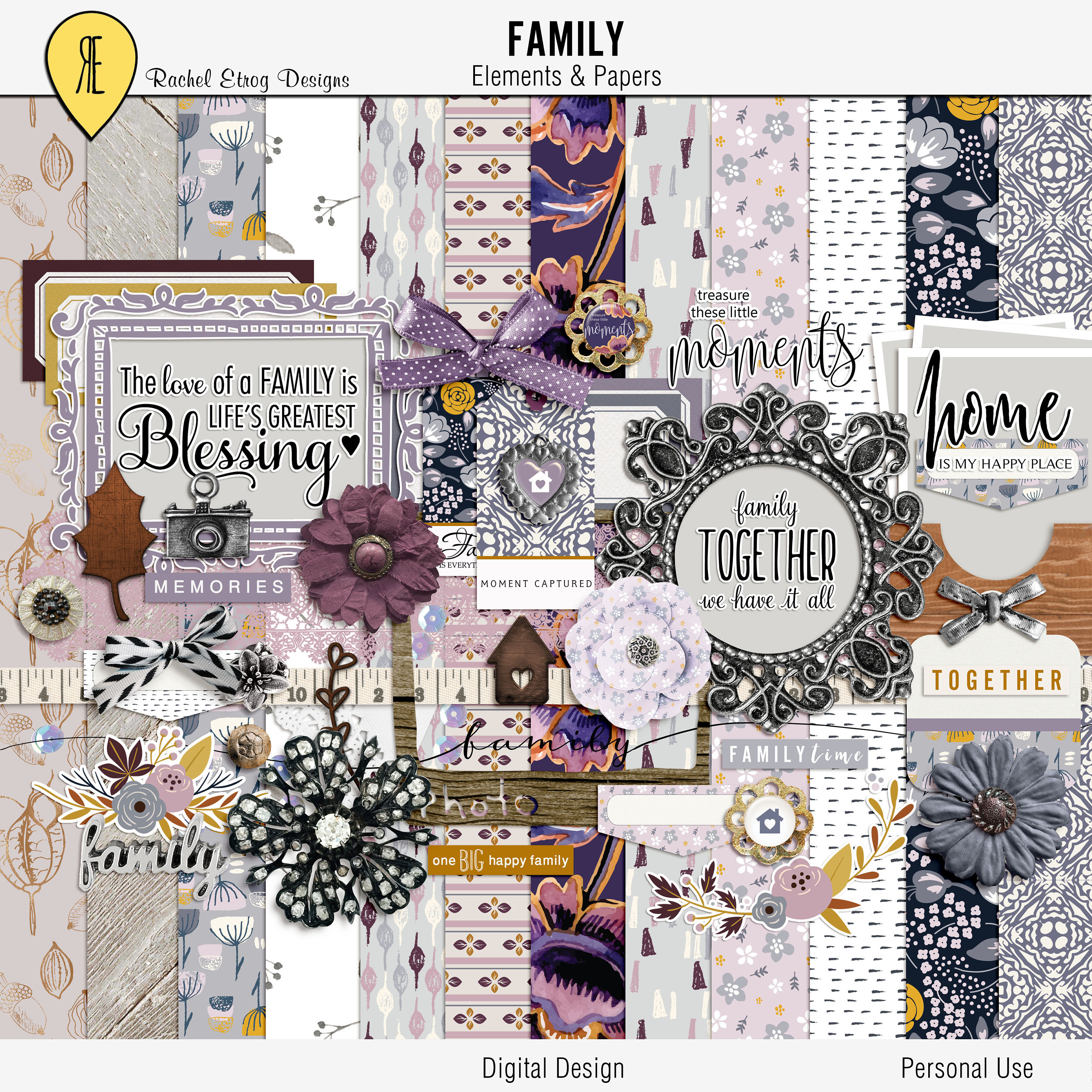 Family Digital Scrapbooking Kits, Digital Family Elements, Family