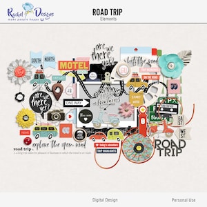 Road Trip digitale scrapbooking elementen, reisversieringen, avontuurlijke digitale elementen, mix plakboekelementen, zomer digitale elementen