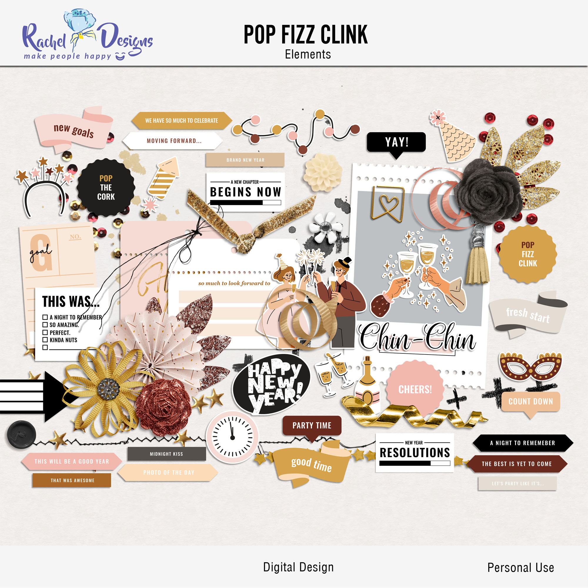 Éléments de scrapbooking numérique pop fizz clink, éléments créatifs numériques du nouvel an, éléments multimédias imprimables du nouvel an, éléments hybrides du nouvel an