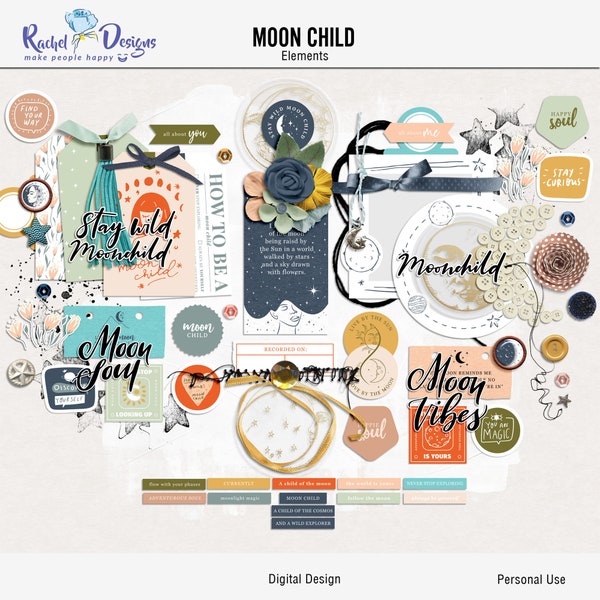 Moon child digital scrapbooking elements, Boho hybrid elements, Boho digital elements, Boho mix media elements, Kids digital elements,