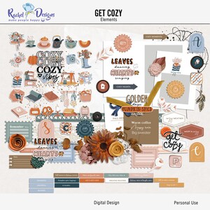 Get cozy digital scrapbook elements, Autumn hybrid elements, Autumn printable elements, Fall mix media elements, Fall craft elements