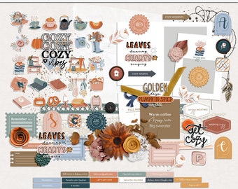 Get cozy digital scrapbook elements, Autumn hybrid elements, Autumn printable elements, Fall mix media elements, Fall craft elements