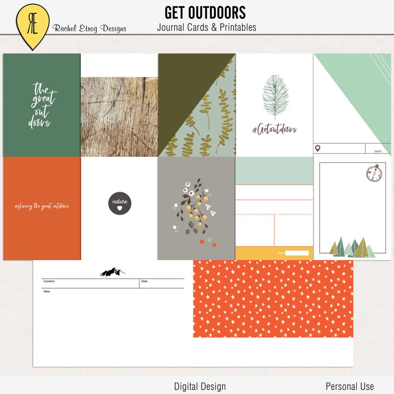May include: A set of printable journal cards with a nature theme. The cards feature a variety of designs, including a wooden background, a green leaf pattern, a floral design, a compass, and a forest scene. The text on the cards includes "The great outdoors", "#Getoutdoors", and "Nature".