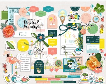 Paradise hat digitale Scrapbooking-Elemente, sommerliche Hybridelemente, druckbare sommerliche tropische Elemente und tropische Mixed-Media-Elemente gefunden