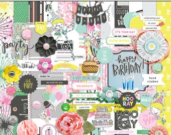 One year older birthday digital scrapbooking kit, Birthday digital papers, Birthday printable papers, Birthday digital scrapbook elements