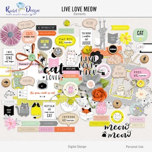 Elementos de scrapbooking digital Live Love Meow, elementos para impressão de gatos, elementos de tema de gatos híbridos, elementos de gatos digitais de mídia mista