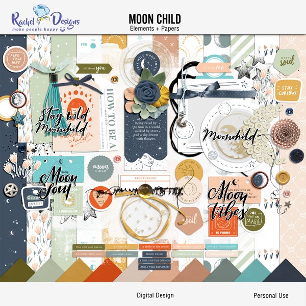 Moon child digital scrapbooking kit, Boho craft papers, Moon child printables, Boho digital mix media elements, Boho scrapbook elements