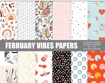 Paquet de papier numérique vibes de février, papiers créatifs numériques pour la Saint-Valentin, paquet de papier numérique pour scrapbooking, papiers imprimables pour la Saint-Valentin