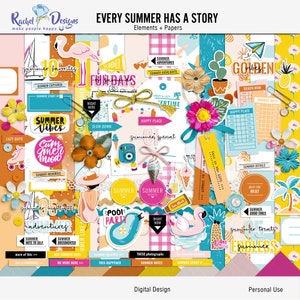 May include: A digital scrapbook kit with colorful illustrations and text related to summer. The kit includes images of flamingos, ice cream cones, palm trees, and other summer-themed elements. The text includes phrases like "Summer Vibes", "Summer Fun Days", and "Summer Adventures".
