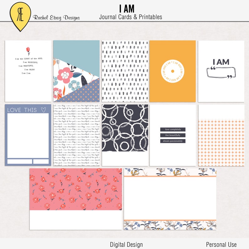May include: A set of printable journal cards with a variety of patterns and designs. The cards feature a floral pattern, polka dots, circles, and a quote that says "I AM".