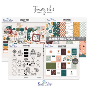 Colección de álbumes de recortes digitales January Vibes, elementos y documentos digitales de enero, tarjetas de invierno imprimibles, sellos e imágenes prediseñadas digitales de invierno