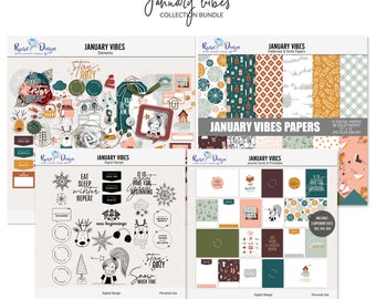 January Vibes digital scrapbook collection, January digital elements and papers, Printable winter cards, Digital winter stamps and cliparts