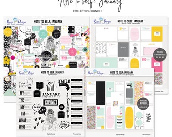 Note to self January digital scrapbook collection, January digital elements and papers, Printable cards, Digital TN Inserts and templates