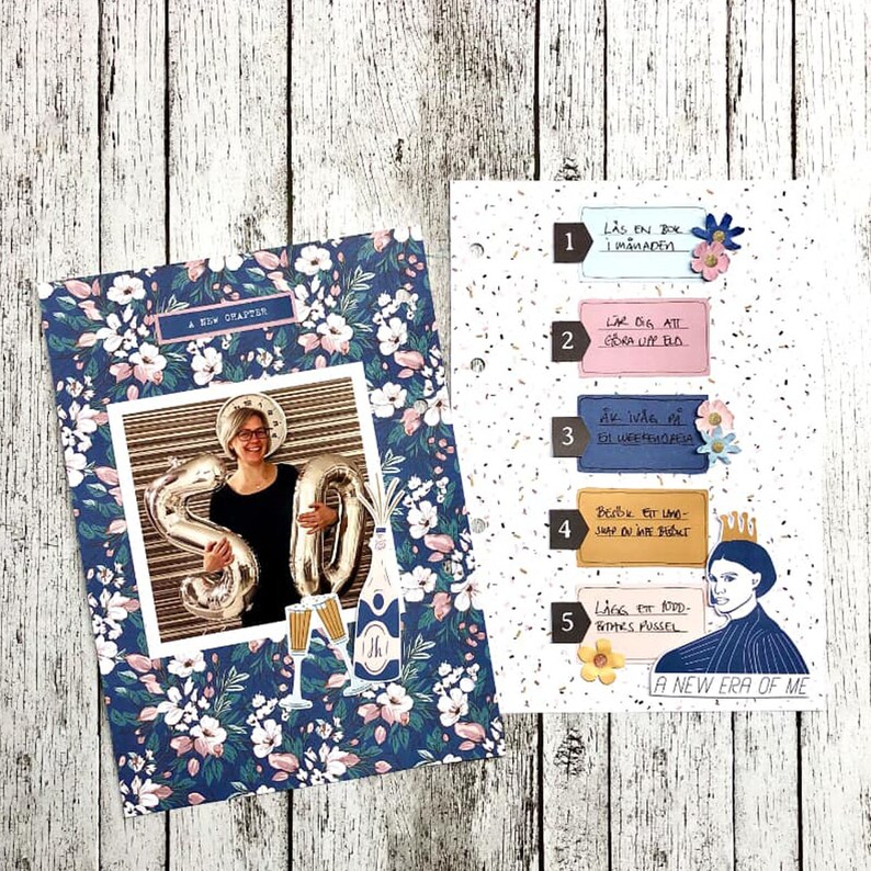 May include: A scrapbook page featuring a photo of a woman holding a gold balloon that reads "50". The page is decorated with flowers, champagne bottles, and a list of 5 things to do in a new era.