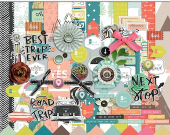 On The Road Again digital scrapbooking kit, Road trip digital scrapbook elements, Printable road trip pattern papers, Travel digital papers