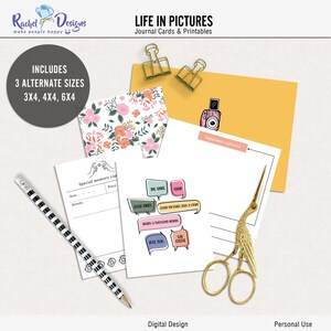Könnte beinhalten: Druckbare Journalkarten mit einem Blumenmuster, einem Kamerasymbol und dem Text "Life in Pictures" und "Happiness Captured". Die Karten sind für den persönlichen Gebrauch bestimmt und in drei Größen erhältlich: 3x4, 4x4 und 6x4 Zoll.