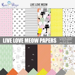Pack de papier numérique Live Love Meow, papiers créatifs numériques chats, paquet de papier numérique de scrapbooking, papiers créatifs imprimables animaux de compagnie, papiers DIY chats