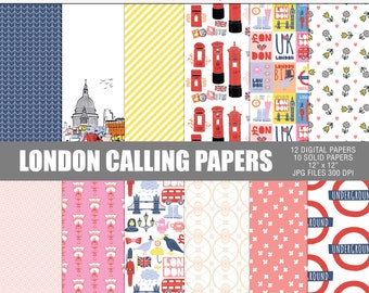 London calling digital paper pack, Printable london calling papers, Digital london scrapbooking papers, London digital pattern papers