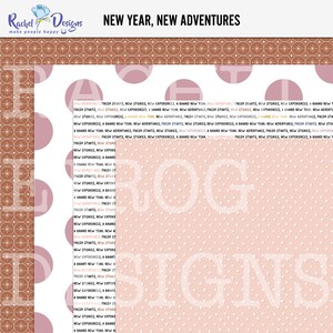 May include: A pink and white digital paper design with a repeating pattern of hearts and stars. The text "NEW YEAR, NEW ADVENTURES" is written in a brown font at the top of the design. The text "Rachel Designs" is written in a blue font at the top left of the design.
