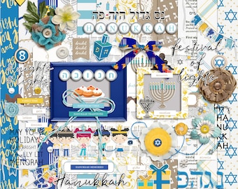 Hanukkah festival of lights digital scrapbook kit, Hanukkah scrapbooking elements, Hanukkah digital papers pack, Hanukkah printable papers