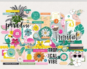 Tropical Vibes digitale Scrapbooking-Elemente, Tropische Mixed Media-Elemente, Sommer tropische druckbare Elemente, Digitale tropische Elemente
