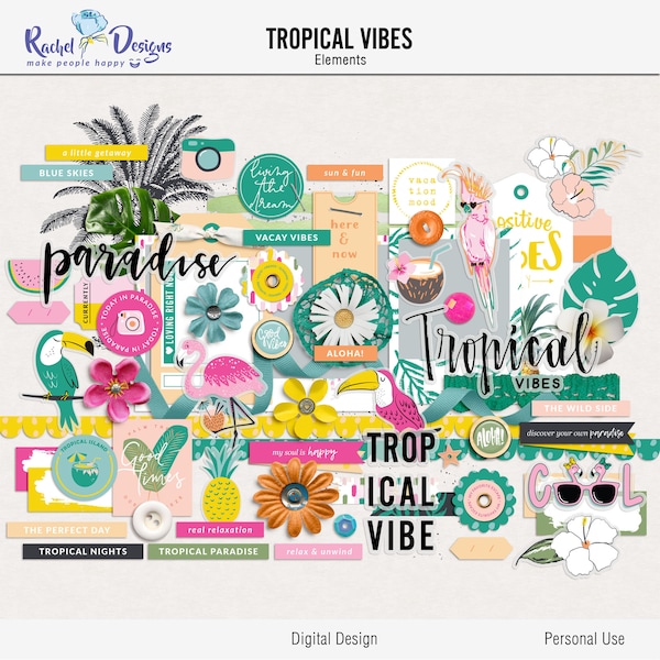 Tropical Vibes digital scrapbooking elements, Tropical mixed media elements, Summer tropical printable elements, Digital tropical elements