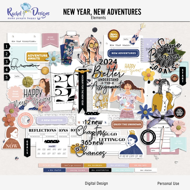 May include: A digital design kit featuring colourful illustrations and text for the new year. The kit includes images of a calendar, a clock, a woman making a peace sign, and a woman wearing a crown. The text includes "New Year, New Adventures", "Happy New Year", "2024 Better Understand the Assignment", "12 New Chapters", "365 New Chances", "Same Bigger Goals", and "A New Era of Me".