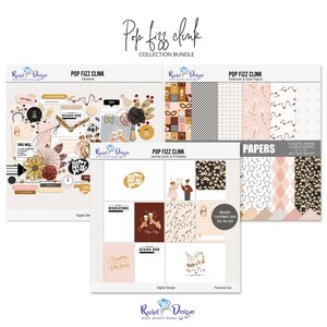 Collection de scrapbooking numérique pop fizz clink, éléments et papiers numériques du nouvel an, cartes de poche imprimables du nouvel an, hybride du nouvel an