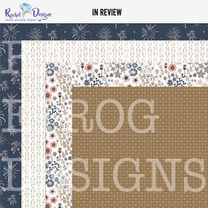 May include: Four digital paper patterns in a collage. The top pattern is navy blue with white stars and fireworks. The second pattern is white with gold arrows. The third pattern is white with pink and blue flowers. The bottom pattern is brown with a repeating circle design. The text "ROG SIGNS" is superimposed on the patterns.