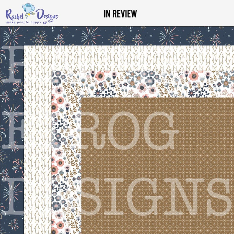 May include: Four digital paper patterns in a collage. The top pattern is navy blue with white stars and fireworks. The second pattern is white with gold arrows. The third pattern is white with pink and blue flowers. The bottom pattern is brown with a repeating circle design. The text "ROG SIGNS" is superimposed on the patterns.