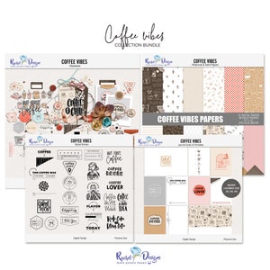 Collection de scrapbooking Coffee vibes, Éléments et papiers numériques Coffee, Cartes de café imprimables, Tampons et pinceaux numériques pour café