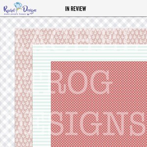 May include: Three digital paper patterns in a layered design. The top layer is a white and gray geometric pattern. The middle layer is a pink and white floral pattern. The bottom layer is a red and white polka dot pattern. The text "ROG SIGNS" is visible in white on the polka dot pattern.