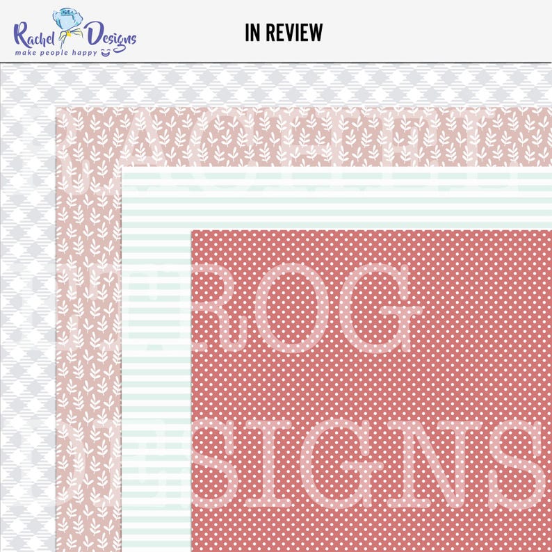 May include: Three digital paper patterns in a layered design. The top layer is a white and gray geometric pattern. The middle layer is a pink and white floral pattern. The bottom layer is a red and white polka dot pattern. The text "ROG SIGNS" is visible in white on the polka dot pattern.