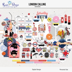 Puede incluir: Elementos digitales de scrapbooking con temática de Londres. Los elementos incluyen un autobús de dos pisos rojo, una cabina telefónica roja, una bandera de la Union Jack, una corona, una torre del reloj Big Ben y una noria London Eye. Los elementos son de varios colores, incluyendo rojo, blanco, azul y negro.