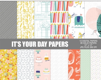 Es tu día papel de álbum de recortes digital, papeles de decoración imprimibles de cumpleaños, papeles de álbum de recortes de cumpleaños, paquete de papel digital de cumpleaños colorido