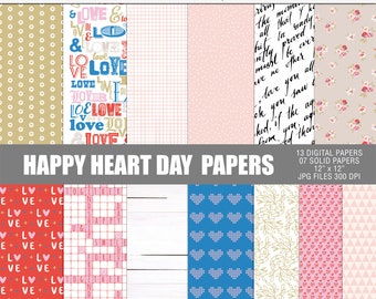 Happy heart day digital paper pack, Valentine's printable papers, Valentine's digital scrapbooking papers, Valentine's craft papers