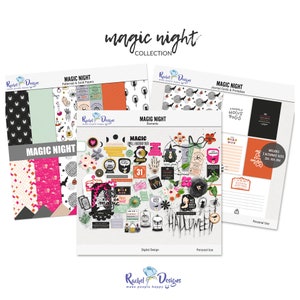 Coleção de scrapbooking digital da noite mágica, elementos de mistura digital de Halloween, papéis digitais de Halloween, cartões de diário imprimíveis de Halloween