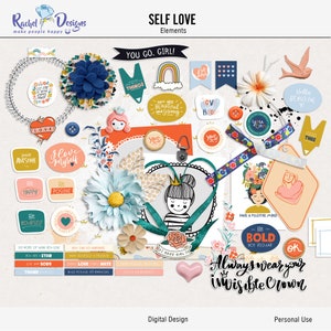 Selbstliebe digitale Scrapbooking-Elemente, druckbare Scrapbooking-Elemente, Selbstliebe-Mix-Media-Elemente, moderne feminine Scrapbook-Elemente
