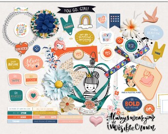 Elementi di scrapbooking digitale Self Love, elementi di scrapbooking stampabili, elementi multimediali mix di Self Love, elementi di scrapbook femminili moderni