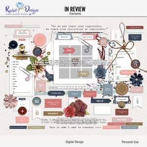 May include: Digital scrapbooking elements with a blue, gray, and pink color scheme. The elements include various shapes, frames, and text boxes with phrases like "Keep", "Change", "Looking Back", "Good Times", and "The Best".