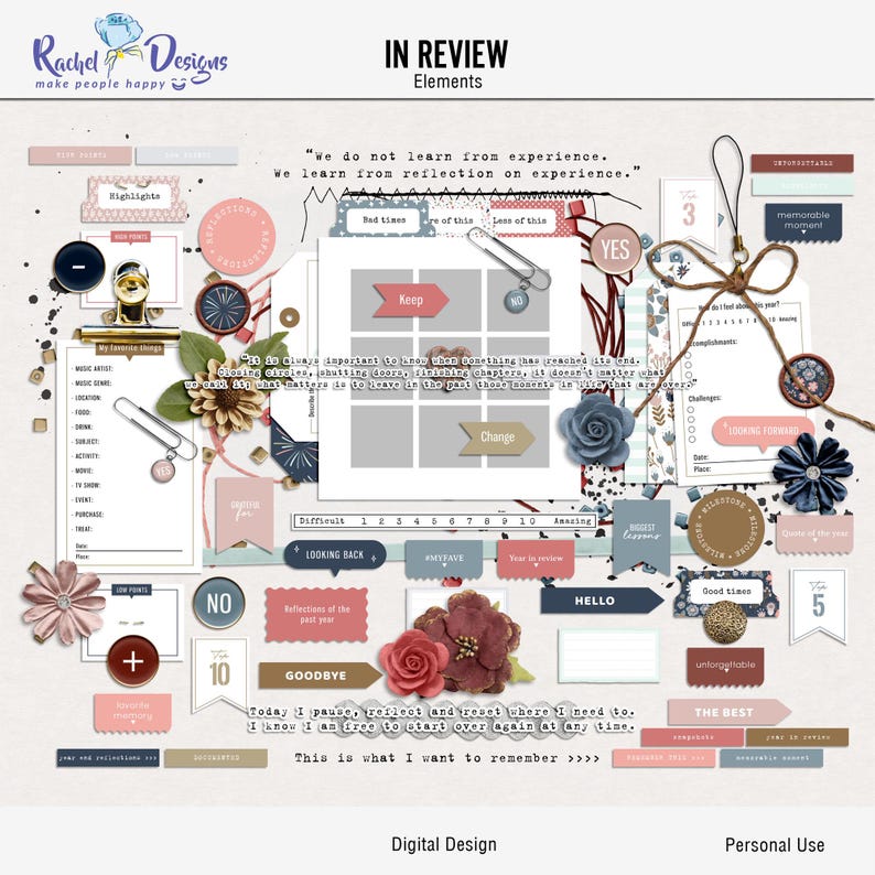 May include: Digital scrapbooking elements with a blue, gray, and pink color scheme. The elements include various shapes, frames, and text boxes with phrases like "Keep", "Change", "Looking Back", "Good Times", and "The Best".