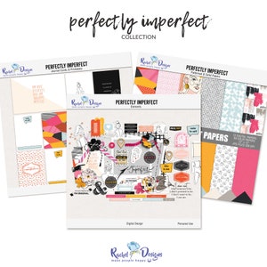 Perfekt unvollkommene digitale Scrapbooking-Sammlung, druckbare feminine Papiere, digitale Mix-Media-Elemente, druckbare Taschenkarten