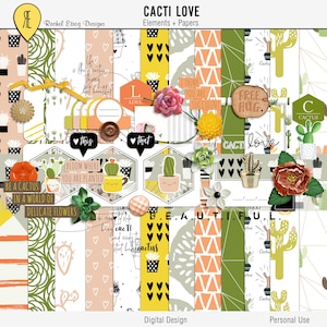 Cactus love digitale scrapbooking kit, Vetplanten en cactusversieringen, Vetplanten en Cactus digitale papieren, Cactus digitale elementen